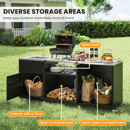 Happygrill 80” Outdoor Grill Table with Sink & Drainage, Heavy Duty Metal Grill Cart w/Cabinet & Removable Stainless Steel Top, Portable Prep Cooking Table w/Wheels for BBQ, Patio, Camping & Backyard