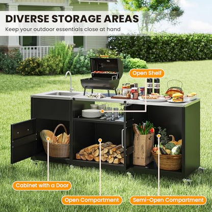 Happygrill 80” Outdoor Grill Table with Sink & Drainage, Heavy Duty Metal Grill Cart w/Cabinet & Removable Stainless Steel Top, Portable Prep Cooking Table w/Wheels for BBQ, Patio, Camping & Backyard