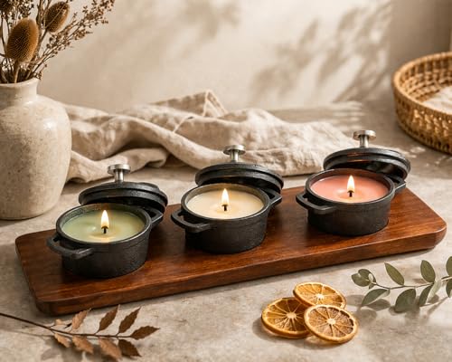 HAWOK Mini Cast Iron Cocottes, Dia 3 inch, 4 oz. Set of 3 PCS, Mini Dutch Oven, with Wooden Tray, 7-Piece, Appetizer/Dessert Sampler, Pre-seasoned