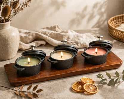 HAWOK Mini Cast Iron Cocottes, Dia 3 inch, 4 oz. Set of 3 PCS, Mini Dutch Oven, with Wooden Tray, 7-Piece, Appetizer/Dessert Sampler, Pre-seasoned