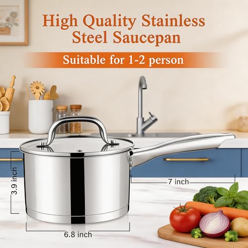 LIANYU 2 Quart Saucepan with Lid, Stainless Steel Sauce Pan Small Cooking Pot, Tri-Ply Bottom Multipurpose Sauce Pot, Dishwasher Safe, Compatible with All Stovetops