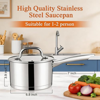 LIANYU 2 Quart Saucepan with Lid, Stainless Steel Sauce Pan Small Cooking Pot, Tri-Ply Bottom Multipurpose Sauce Pot, Dishwasher Safe, Compatible with All Stovetops