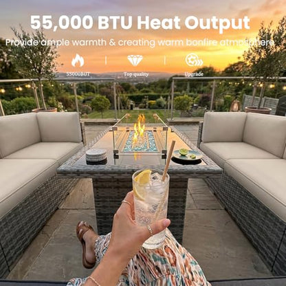 Vakollia 15 Pieces Patio Furniture Set with 44" Propane Gas Fire Pit Table, Outdoor Sectional Wicker Conversation Sofa Sets with Coffee Table