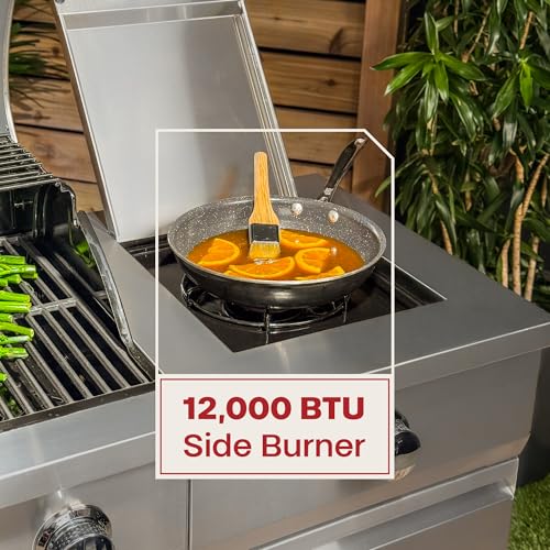 Tytus Fresno 5-Burner Propane or Natural Gas Island Grill – 864 sq. in. Cooking, 48,000 BTU Main + 12,000 BTU Side Burner, Porcelain Grates, Storage Cabinets, Semi-Portable - SS/Ash Stone