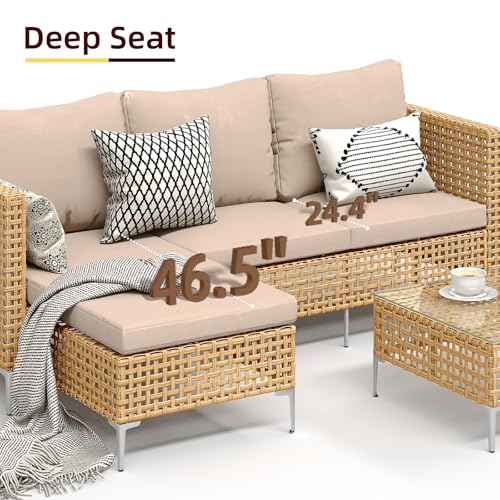 Ophelian Small L-Shaped Patio Furniture Set - Weather Resistant Wicker Sectional Chaise Sofa with Thick Cushions & Tempered Glass Coffee Table for Small Spaces, Balcony, Apartment