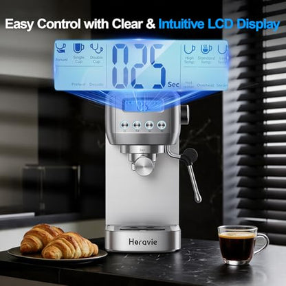 Horavie Ultra Espresso Machine with LCD Display, Espresso Maker with Powerful Milk Frother, Customizable Brewing Temperature, Professional Cappuccino & Latte Machine, Gift for Men & Women