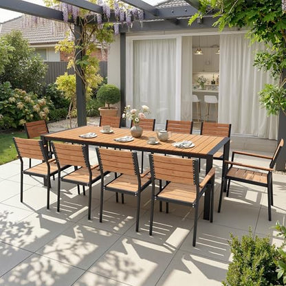 Crestlive Products 11-Piece Outdoor Dining Set, Aluminum 95" Rectangular Table and Stackable Chairs with Umbrella Hole and Arm All-Weather WPC Patio Furniture for 10 for Garden Patio Backyard (Brown)