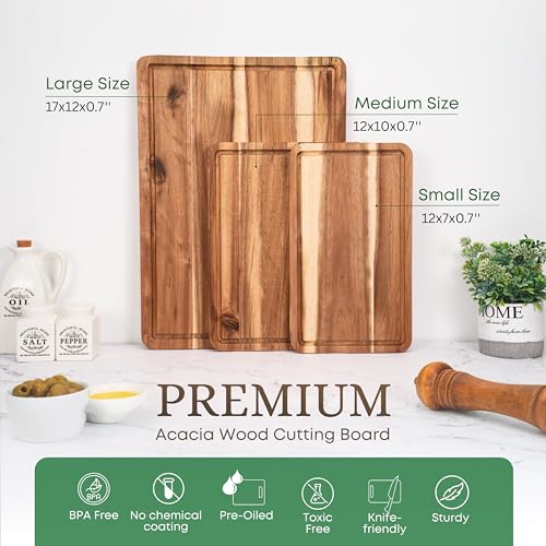 VieWood Acacia Wood Cutting Board Set of 3 for Kitchen, Serving, Charcuterie and Food Prep, Pre-Oiled Wooden Boards with Juice Groove (17x12, 12x10, 12x7 Inch)