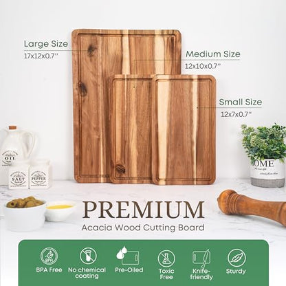 VieWood Acacia Wood Cutting Board Set of 3 for Kitchen, Serving, Charcuterie and Food Prep, Pre-Oiled Wooden Boards with Juice Groove (17x12, 12x10, 12x7 Inch)