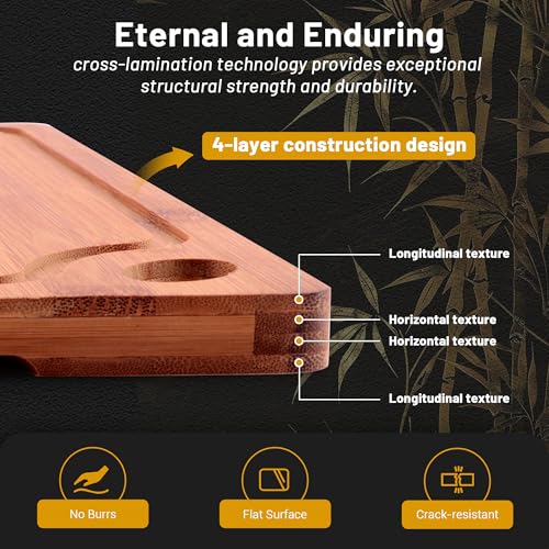 Lacusmall Bamboo Cutting Board for Kitchen, 3Pcs Thickened Wooden Cutting Board Set with Deep Juice Groove, Built-in Handles Durable Chopping Boards for Separating Meat, Vegetables, Fruits, Ideal Gift