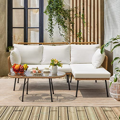 Greesum Outdoor Rope Woven Patio Furniture L-Shaped Conversation Sectional Sofa Set Detachable Lounger for Backyard Porch with Thick Cushions & Long Table, White