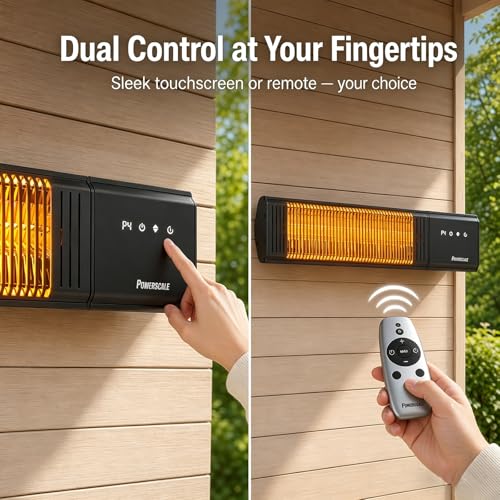 Powerscale 1500W Electric Patio Heater, IP65 Waterproof, Remote, Fast Heating, 4 Heat Levels, 24H Timer & Memory Function, Wall Mounted Indoor/Outdoor Heater for Patio, Garage, Backyard, Black