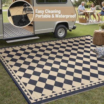 HUGEAR Outdoor Rug for Patios Clearance,Waterproof Mat,Large Outside Carpet,Reversible Plastic Straw Camping Rugs,Rv,Porch,Deck,Camper,Balcony,Backyard (5x8,Checkered/Black&Beige)