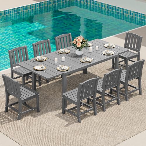 SERWALL 9-Piece Outdoor Dining Set, 60" - 83" Expandable Outdoor Dining Table and 8 HDPE Chairs, All Weather HDPE Outdoor Furniture Set for Backyard, Garden, Grey
