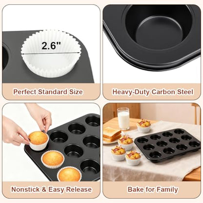 Smile Tree Muffin Pan & Cupcake Pan, 2 Pack 12-Cup Muffin Tin for Baking with 120 Cupcake Liners, Nonstick Heavy Duty Carbon Steel Cupcake Tins, Scratch Resistant Baking Pans Set for Family & Party