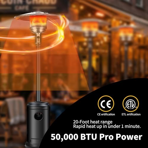 Ignovate 50,000 BTU Outdoor Propane Patio Heater with Wheels – Durable Powder-Coated Steel Gas Heater with Easy Ignition & Safety Shut-Off for Patio, Backyard, Garden, Restaurant