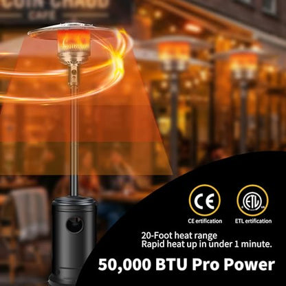 Ignovate 50,000 BTU Outdoor Propane Patio Heater with Wheels – Durable Powder-Coated Steel Gas Heater with Easy Ignition & Safety Shut-Off for Patio, Backyard, Garden, Restaurant