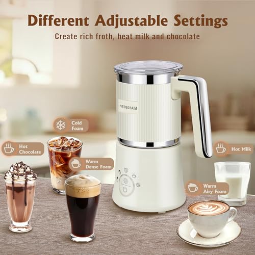 NESSGRAIM 5-in-1 Electric Milk Frother, Automatic Milk Frother & Steamer for Hot & Cold Foam, Large Capacity Milk Warmer for Latte Cappuccino, Hot Chocolate Maker, Dishwasher Safe (Beige)