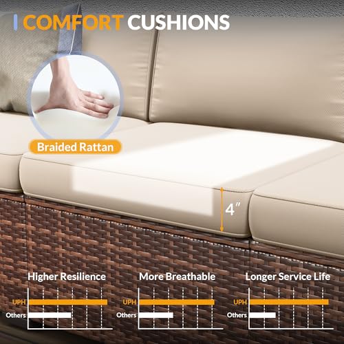 Poteban Patio Furniture Set, 7 Pieces Outdoor Modular Conversation Set Wicker Sectional Sofa for All Weather Rattan Patio Couch for Porch Garden Backyard Balcony Poolside (Khaki)