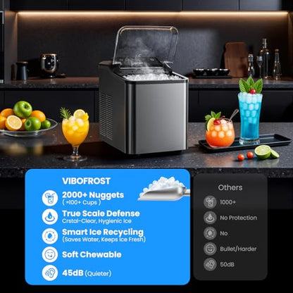 VIBOFROST Nugget Ice Maker Countertop, Fast 35lbs/24H Sonic Pebble Ice Machine, Self-Cleaning Anti-Scale System, Stainless Steel Portable Ice Maker for Home, Kitchen, RV, 10 Cleaning Packets