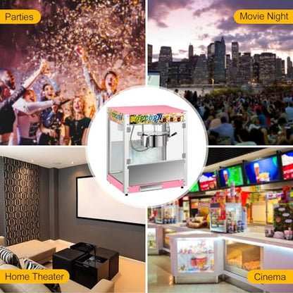 Commercial Popcorn Machine, 8 Oz Kettle, 850 W Countertop Popcorn Maker for 48 Cups per Batch, Popcorn Popper with 3-Switch Control Steel Frame Tempered Acrylic Doors