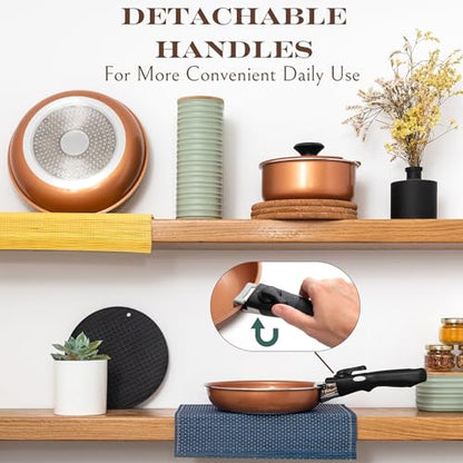 Moss & Stone Copper Pots And Pans Set Nonstick, Removable Handle Cookware, Stackable Pots And Pans Set, Dishwasher safe, Induction Pots And Pans, Camping Cookware Set, Aluminum (7 Pcs)