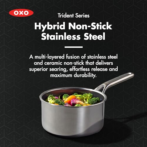 OXO Hybrid 2.5QT Nonstick Saucepan with Glass Lid, PFAS-Free Ceramic Chef Pot, Oven Safe to 850F, Induction & All Cooktop Compatible, Dishwasher Safe, Mirror Polished Tri-Ply