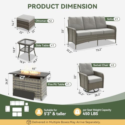 Aoxun 7-Piece Wicker Rattan Patio Furniture Set with 44" Fire Pit Table