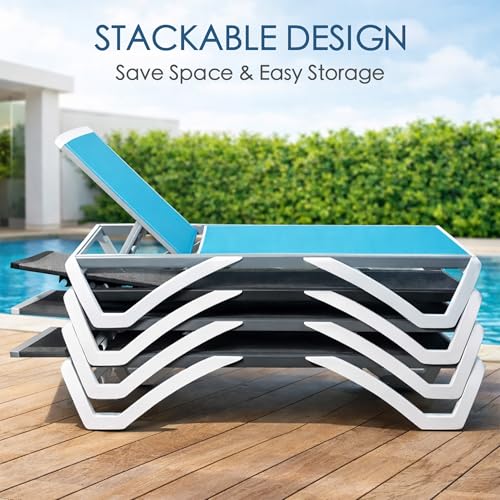 Kozyard Outdoor Chaise Lounge Chair, Full Flat Adjustable Patio Lounger with Aluminum Frame & Resin Legs, Textilene Fabric for Poolside, Backyard & Beach (NavyBlue, 2Chairs with Table)