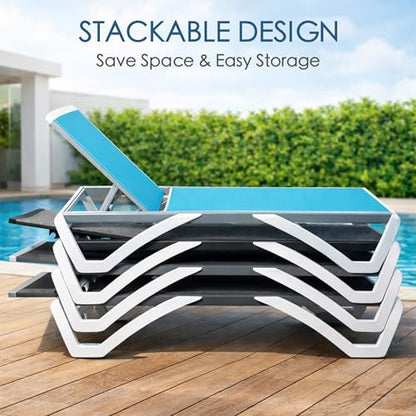 Kozyard Outdoor Chaise Lounge Chair, Full Flat Adjustable Patio Lounger with Aluminum Frame & Resin Legs, Textilene Fabric for Poolside, Backyard & Beach (NavyBlue, 2Chairs with Table)