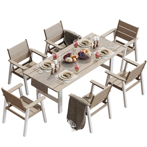 Polyhouz Outdoor Dining Set,7-Piece Patio Table and Chairs Set for 6, HDPE Outdoor Dining Table and Chairs with Umbrella Hole, All-Weather Patio Dining Furniture Set,White Brown