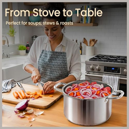 Stainless Steel Stockpot with Tempered Glass Lid 12 Quart, Durable 18/0 Stainless Steel, Impact-Bonded Base for Even Heating, Riveted Handles, Oven & All Stove Compatible, Safe Up To 500°F (260°C)