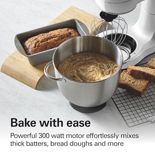 Hamilton Beach Electric Stand Mixer, 4 Quarts, Dough Hook, Flat Beater Attachments, Splash Guard, 7 Speeds with Whisk, Easy-Carry Top Handle, White