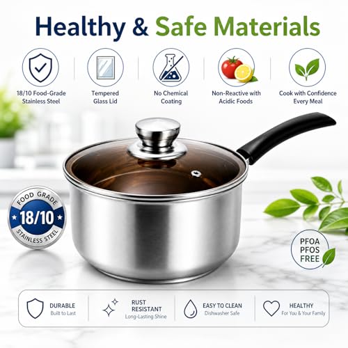 ZENFUN 2 Quart Saucepan, Stainless Steel Sauce Pan with Visible Glass Lid&Stay Cool Handle, Small Sauce Pot for Kitchen, Saucier Pan, Induction Pot for Cooking, Dishwasher Safe(PFOA PTFE PFAS Free)