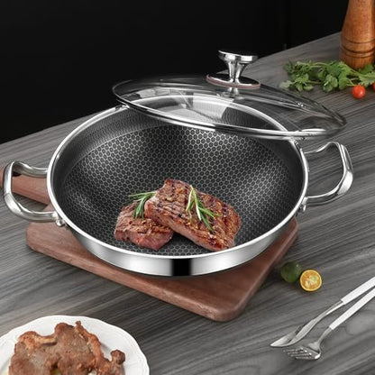 WINNIESHOP Hybrid Frying Pans Nonstick Paella Pan with Lid 14 Inch Stainless Steel Deep Skillet Large Frying Pan Big Pan for Cooking, Suitable for All Cooktops Including Induction (12.59 Inch)