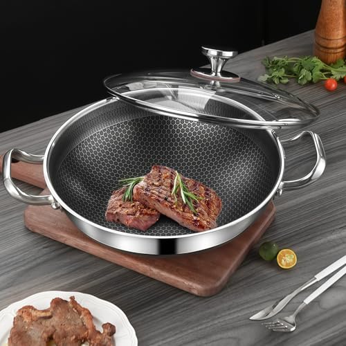 WINNIESHOP Hybrid Frying Pans Nonstick Paella Pan with Lid 14 Inch Stainless Steel Deep Skillet Large Frying Pan Big Pan for Cooking, Suitable for All Cooktops Including Induction (12.59 Inch)