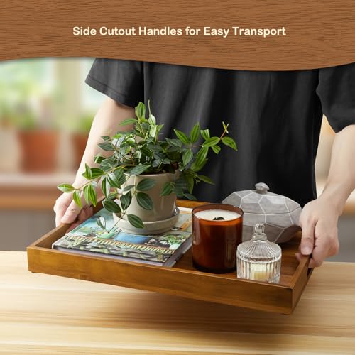 GCWSTJK 17 Inch Acacia Wood Serving Tray with Handles, Large Wooden Tray for Ottoman, Breakfast in Bed, Coffee Table, Dinner, Perfect for Living Room Bedroom Entryway and Kitchen