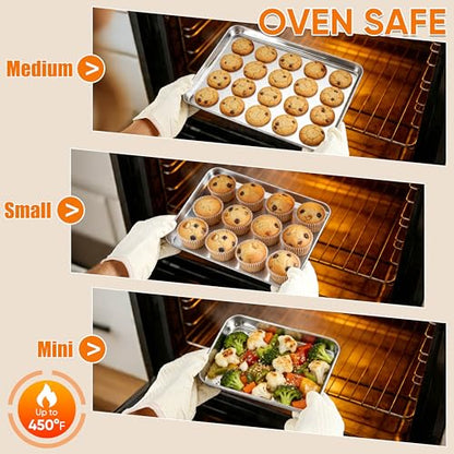 LIANYU 3 Pack Stainless Steel Baking Sheets, Cookie Sheet Pan for Baking & Roasting, 16/12.4/9.2 In, Toaster Oven Pan Cookie Baking Tray, Non Toxic & Heavy Duty & Easy Clean, Dishwasher Safe