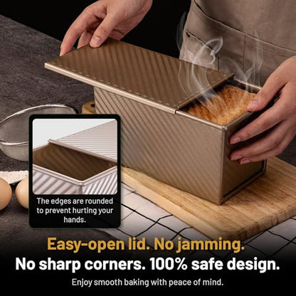 CRUSTLE 5-Pack Pullman loaf pan with Lid – Sourdough Loaf Pan Set, Includes Dough Scraper, Whisk, Silicone Cleaning Brush & Bread Cutter – Long Loaf Pan with Lid for Homemade Loaf