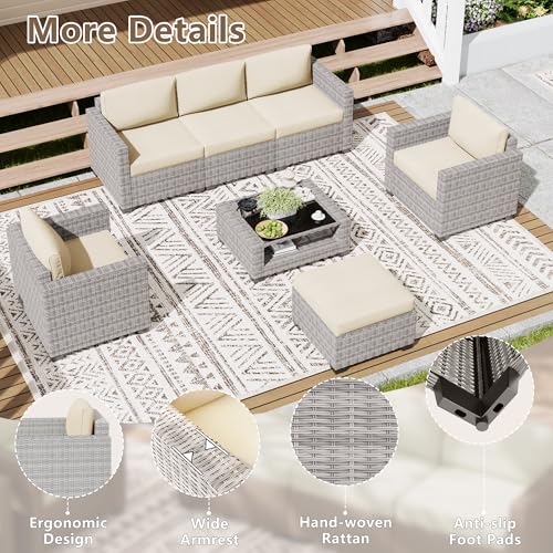 LOUVIXA 7 Piece Outdoor Patio Furniture Set, Rattan Chairs Glass Table Wicker Conversation Seating Sectional Sofa with Cushions (Grey White-Beige, 7Pcs-2 Layer Coffee Table)