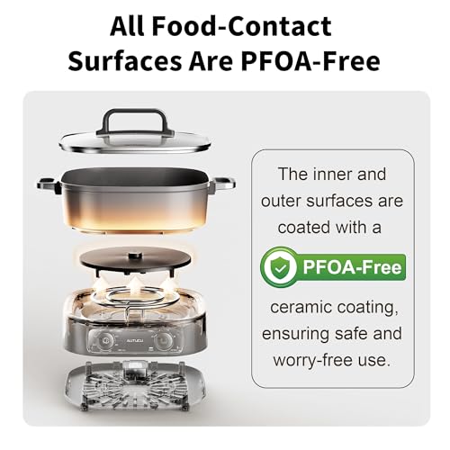 6-Quart Electric Skillet with Grill | Non-Stick PFOA-Free Ceramic-Coated Pot, 1600W, Timer & 3 Power Settings for Steak, Egg, Ramen (Includes Tongs) Pot & Grill