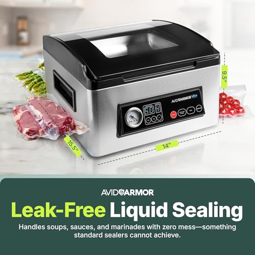 Avid Armor USV32 Chamber Vacuum Sealer Machine – 11.5" Sealing Bar, Glass Lid, Seal Meats, Soups, Sauces & Liquids, Marinate in Minutes, Sous Vide Ready, Accessory Hose Included, Stainless Steel