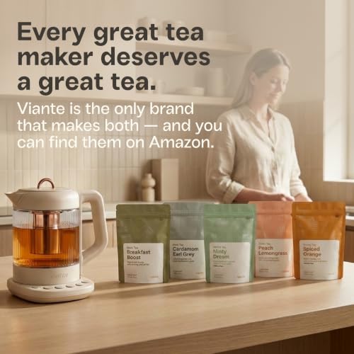 Viante Nina Electric Tea Kettle with Infuser, No Plastic In Contact With Water, 1.5L Borosilicate Glass, 304 Stainless Steel, 4 Temp Presets, Keep Warm, Cordless, Auto Shut-Off, Beige