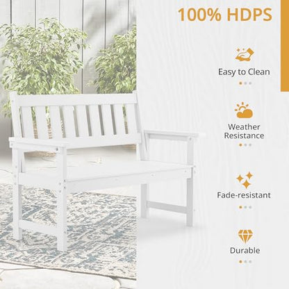 LUE BONA Outdoor Bench, 2-Person HDPS Garden Bench, Outdoor Benches Weatherproof, All-Weather Fade/Rot Resistant Patio Bench for Park, Front Porch, Backyard (White)