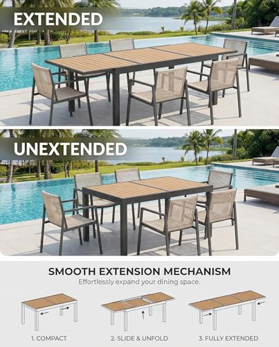 ZANDOR Expandable Outdoor Dining Set for 4-6-8,Patio Table and Chairs Set with Wood Top for Garden,Backyard,Porch,55"-82.7" Extendable Aluminum Outdoor Table Set with 8 Chairs,Grey