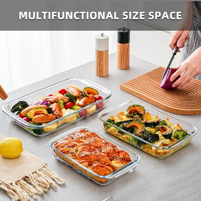 Pmssypl 3 Pack High Borosilicate Glass Baking Dishes for Oven, (2.3QT, 1.6qt, 1.0QT), Rectangular Bakeware Sets, Deep Glass Casserole Dishes with Handle for Microwave, Oven, Baking, Meal Preparation
