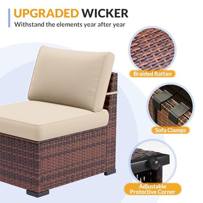 Poteban Patio Furniture Set, 7 Pieces Outdoor Modular Conversation Set Wicker Sectional Sofa for All Weather Rattan Patio Couch for Porch Garden Backyard Balcony Poolside (Khaki)