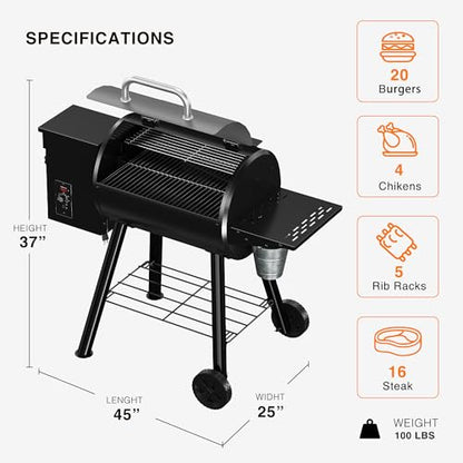 Wood Pellet Grill, 440 SQ. IN Cook Area Pellet Smoker Grill, 12LBS Hopper Pellets Grill, 500℉ Max Temperature&Auto Feed, 8 in 1 BBQ Grill Outdoor with Side Table, Grease Bucket
