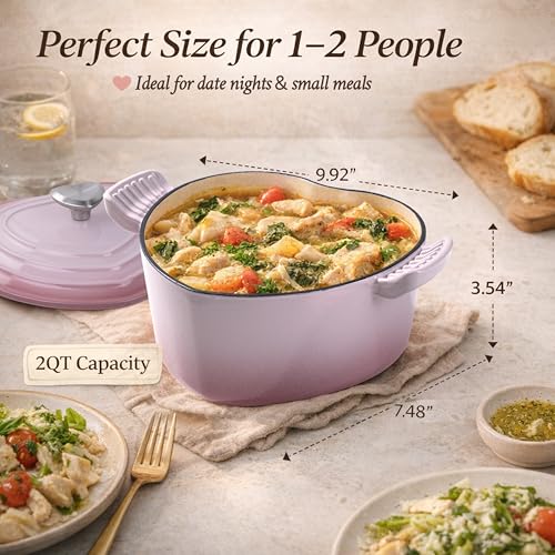 Mabeeze Heart Shaped Dutch Oven Enameled Cast Iron 2 Quart Casserole Pot with Lid Pink Nonstick Oven Safe All Cooktops for Baking Braising Serving Bread Baking