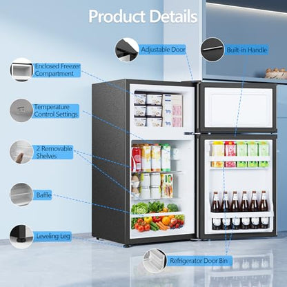 Electactic 2.5 Cu.Ft Mini Fridge with Freezer, Double-Door Compact Refrigerator, Adjustable Glass Shelves, Mechanical Thermostat & Leveling Feet, Space-Saving for Apartment/Dorm/Office, Silver